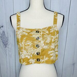 American Eagle Palm Tree Crop Top Women's Size M Front Button Tank Linen Blend
